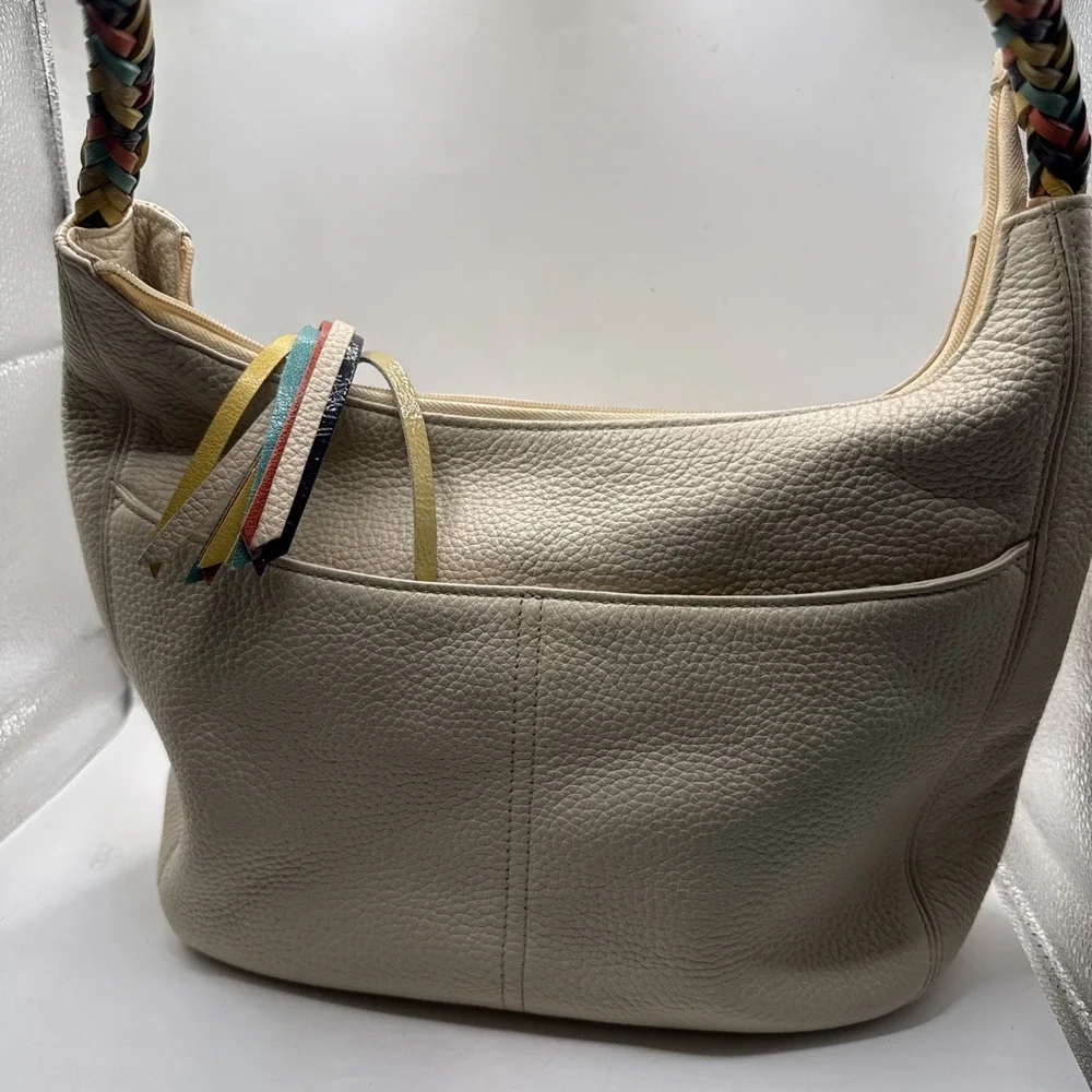 Brighton Ivory Pebbled Leather Hobo Shoulder Bag Multicolor Braided Strap...